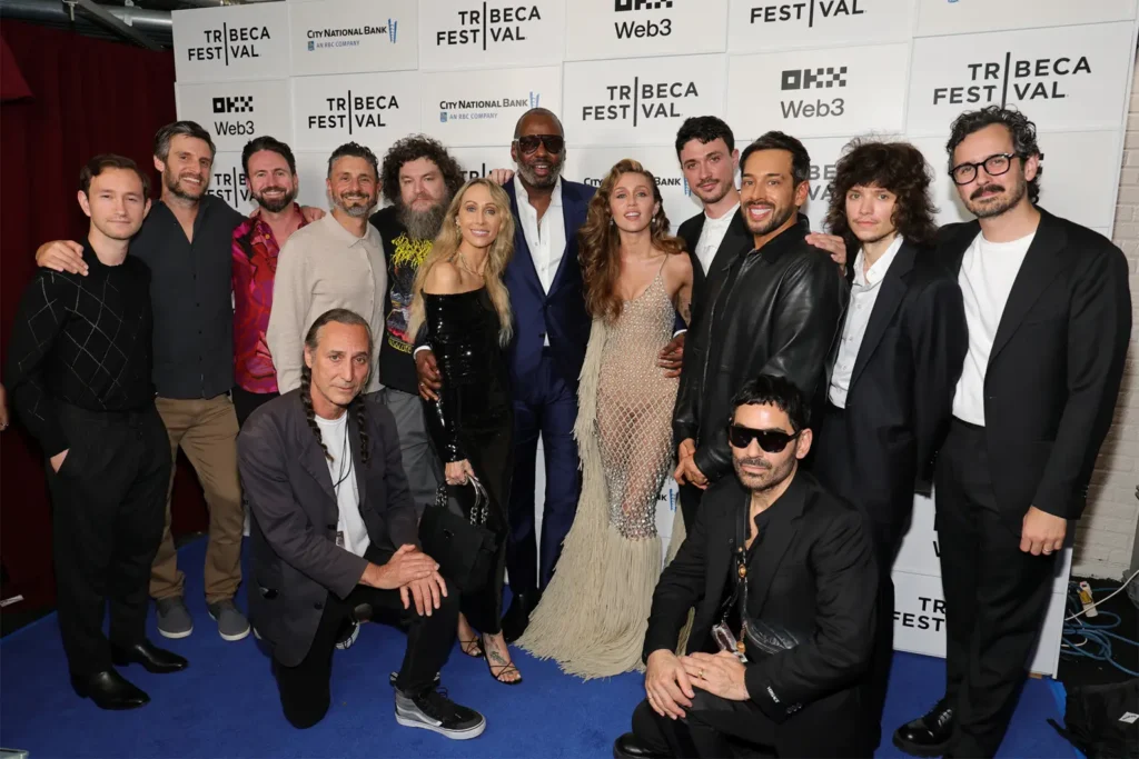 Miley Cyrus on stage at Tribeca Festival during fan protest at premiere