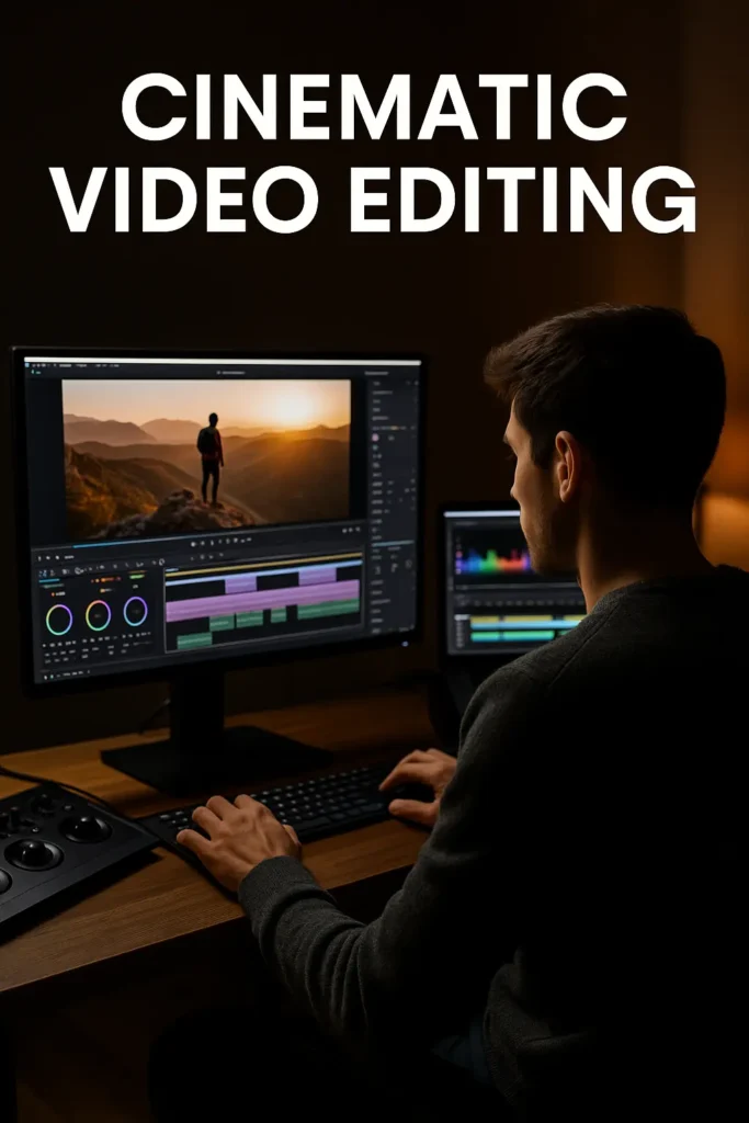 Professional cinematic video editing setup with dynamic visuals and timeline