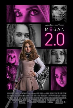 M3GAN robot girl with glowing eyes in a horror scene