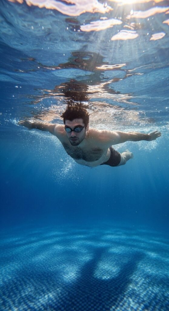 A swimmer gliding through a calm pool, capturing the feeling of relaxation, freedom, and liberation in water.