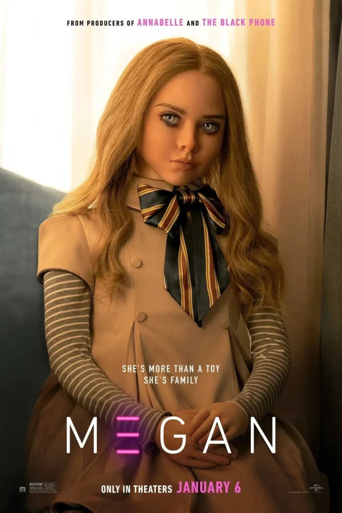M3GAN (2023) movie poster featuring the AI humanoid doll with lifelike appearance and eerie expression