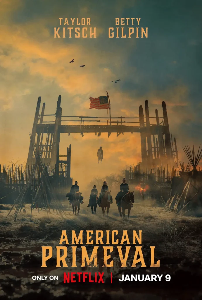 American Primeval poster showing frontier survival, rugged landscapes, and dark historical drama themes