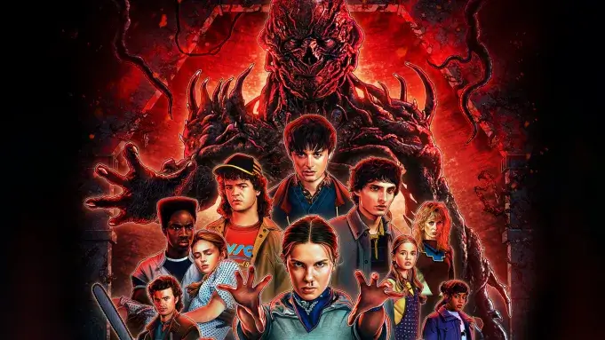 Stranger Things Season 5 poster with main cast, dark supernatural atmosphere, and Upside Down visuals