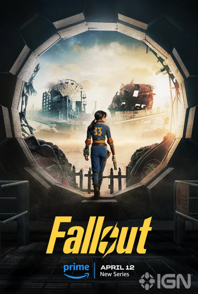 Fallout TV series poster showing Vault Dweller, wasteland setting, and iconic post-apocalyptic design