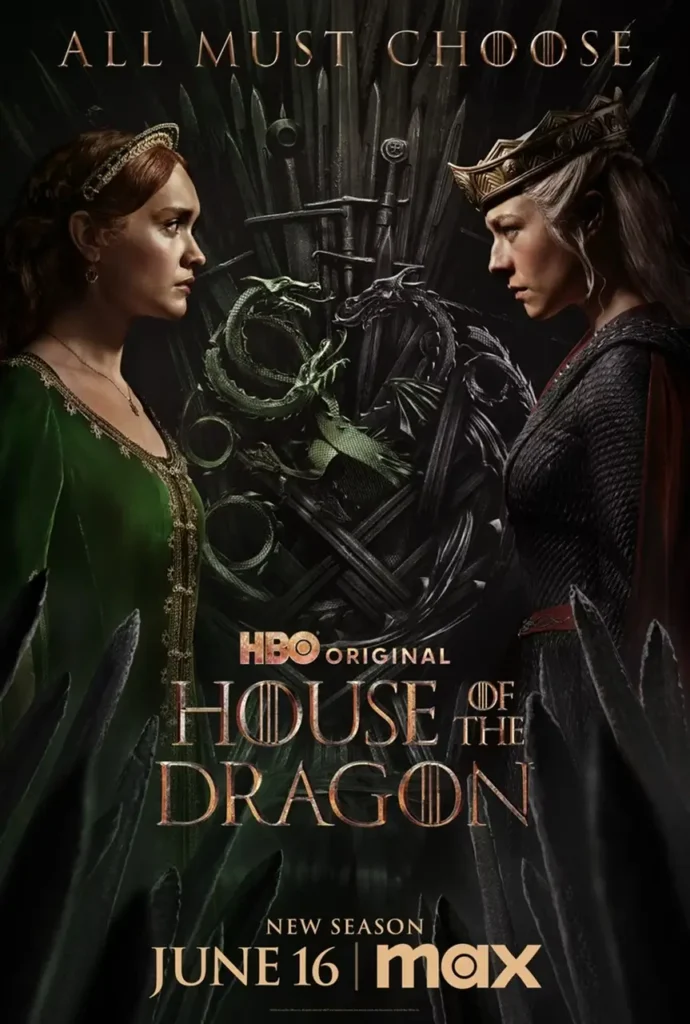 House of the Dragon Season 2 poster featuring Targaryen dragons and dark medieval fantasy imagery